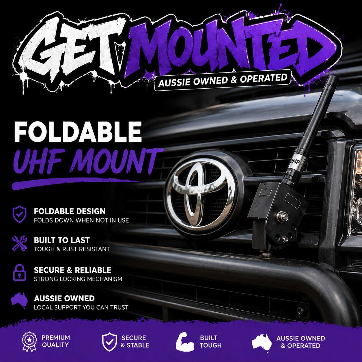 Foldable UHF aerial bracket attached to the bull bar of a car.