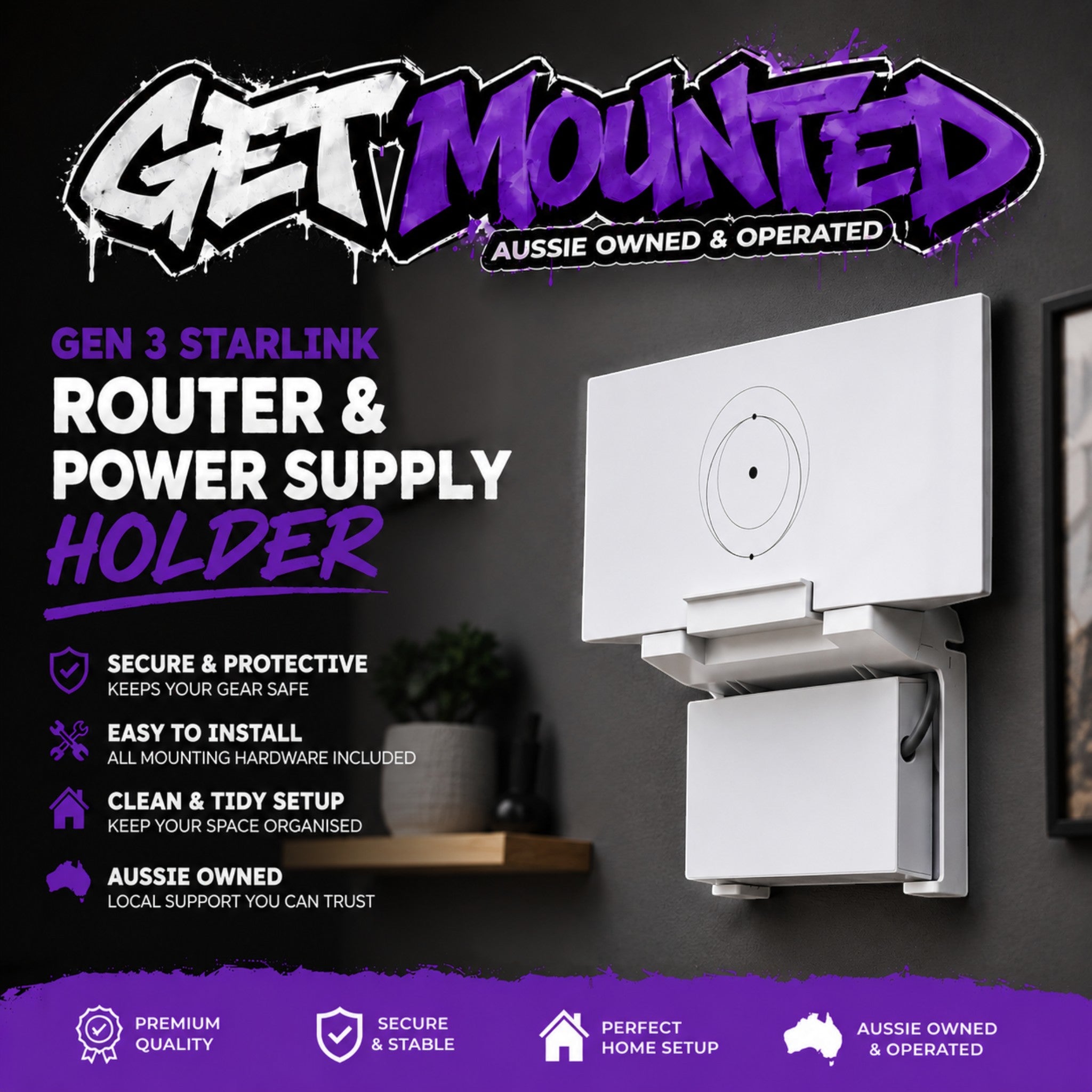 Gen 3 Starlink Router and power supply mounted on a wall to show a clean set up.