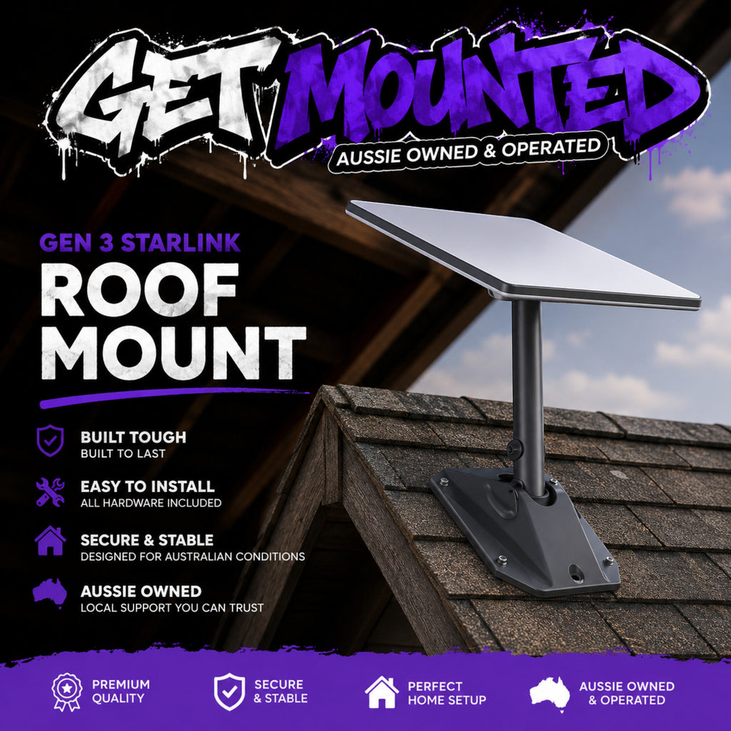 The Get Mounted Starlink Gen 3 House Mount is built for clean, secure installs. Designed specifically for the latest Gen 3 hardware, this mount delivers a rock-solid fit that keeps your Starlink locked in, aligned properly, and performing at its best. 

Whether you're mounting to a wall, fascia, shed, or exterior surface, this setup gives you a clean low-profile finish without turning your house into a DIY disaster zone. 

Built tough for Australian conditions.