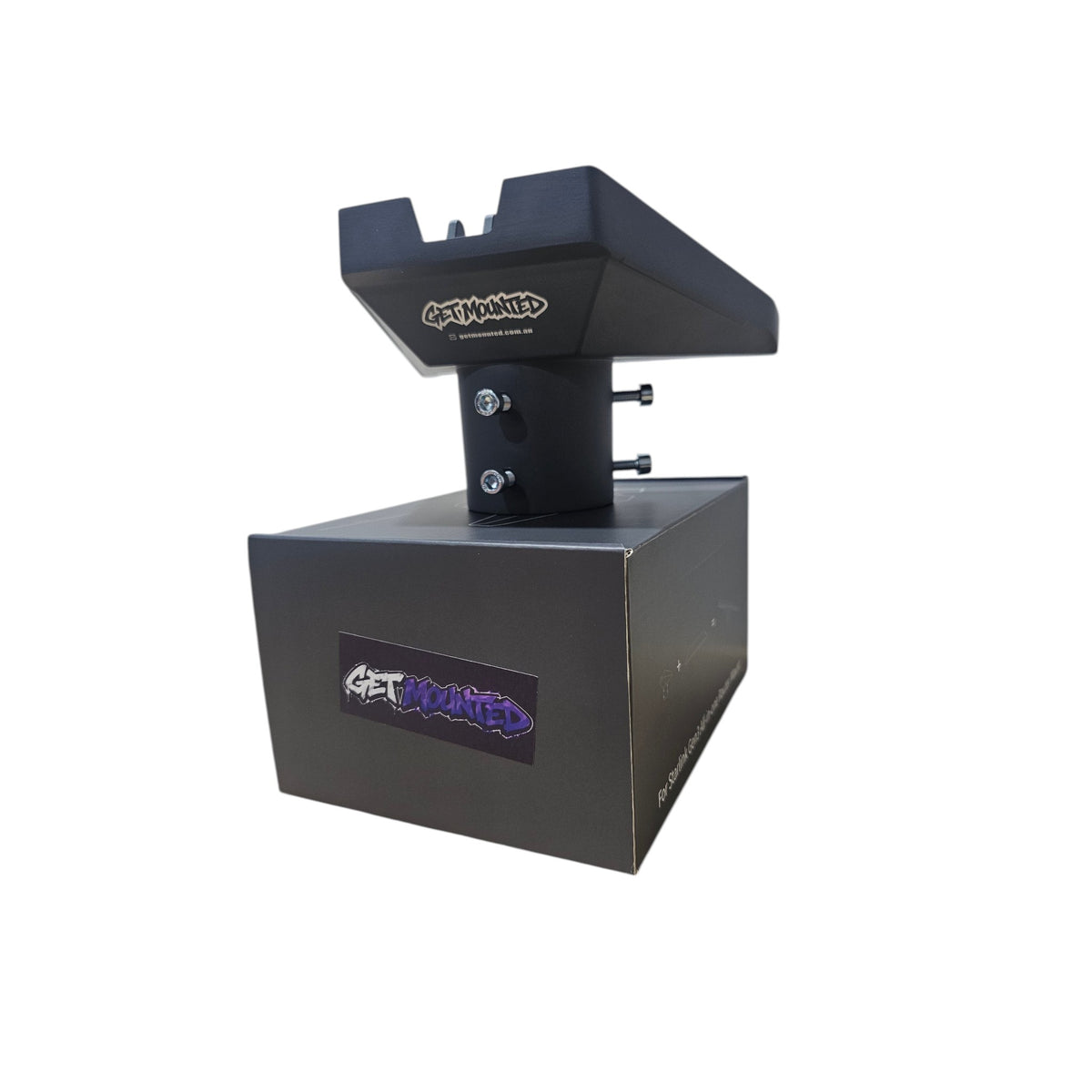 Adaptor shown ontop of Get Mounted packaging. Showing the robust mounts with screw components. Robust and Aluminium and rust proof.