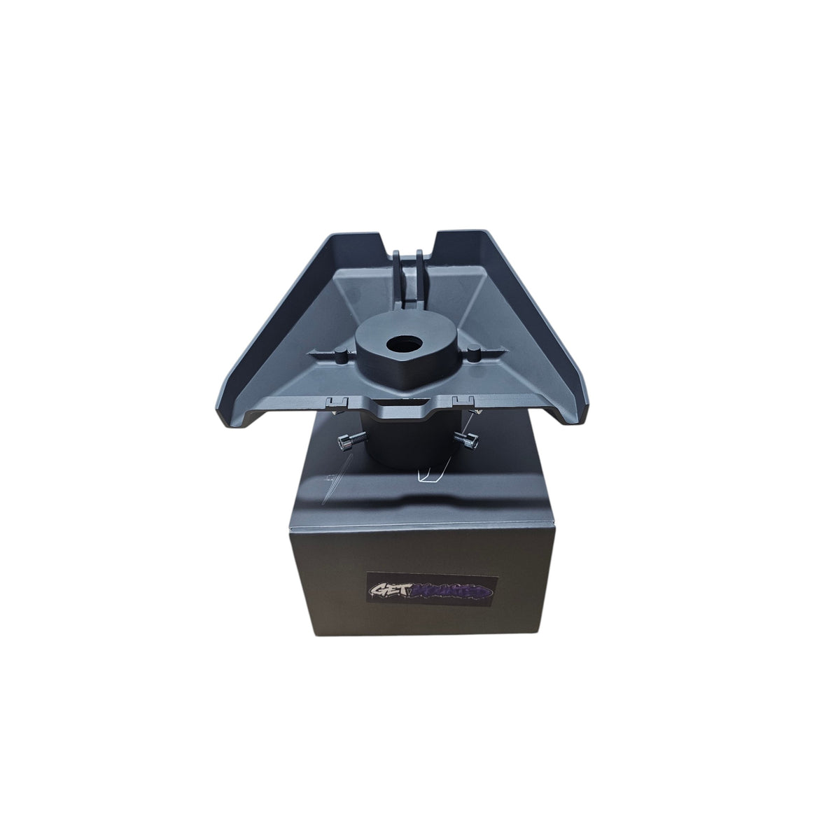 Adaptor shown ontop of Get Mounted packaging. Showing the robust mounts with screw components. Robust and Aluminium and rust proof.