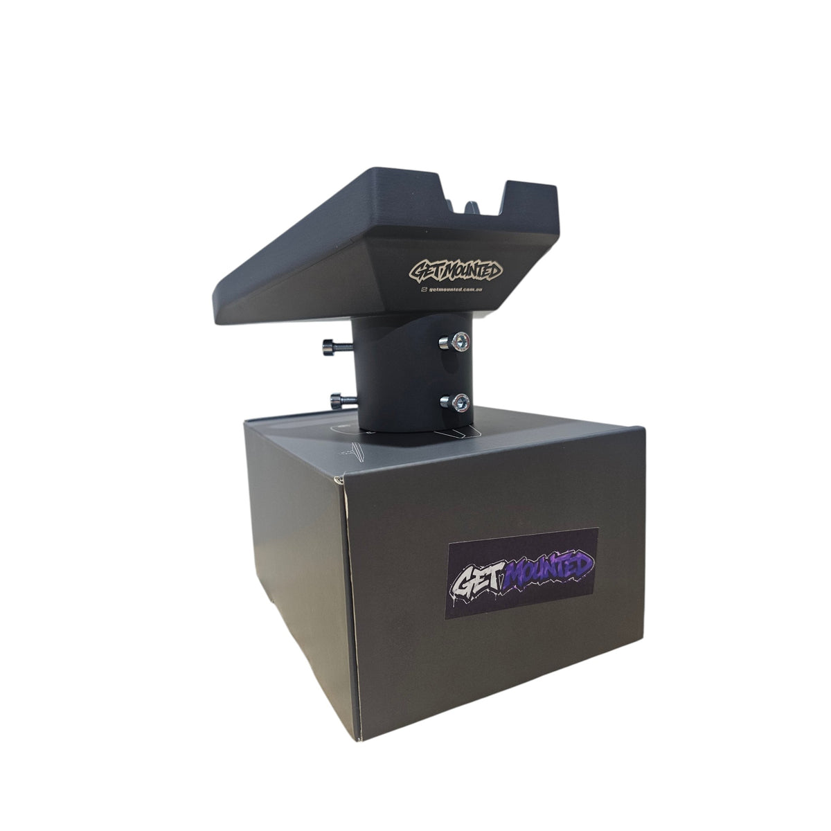Adaptor shown ontop of Get Mounted packaging. Showing the robust mounts with screw components. Robust and Aluminium and rust proof.