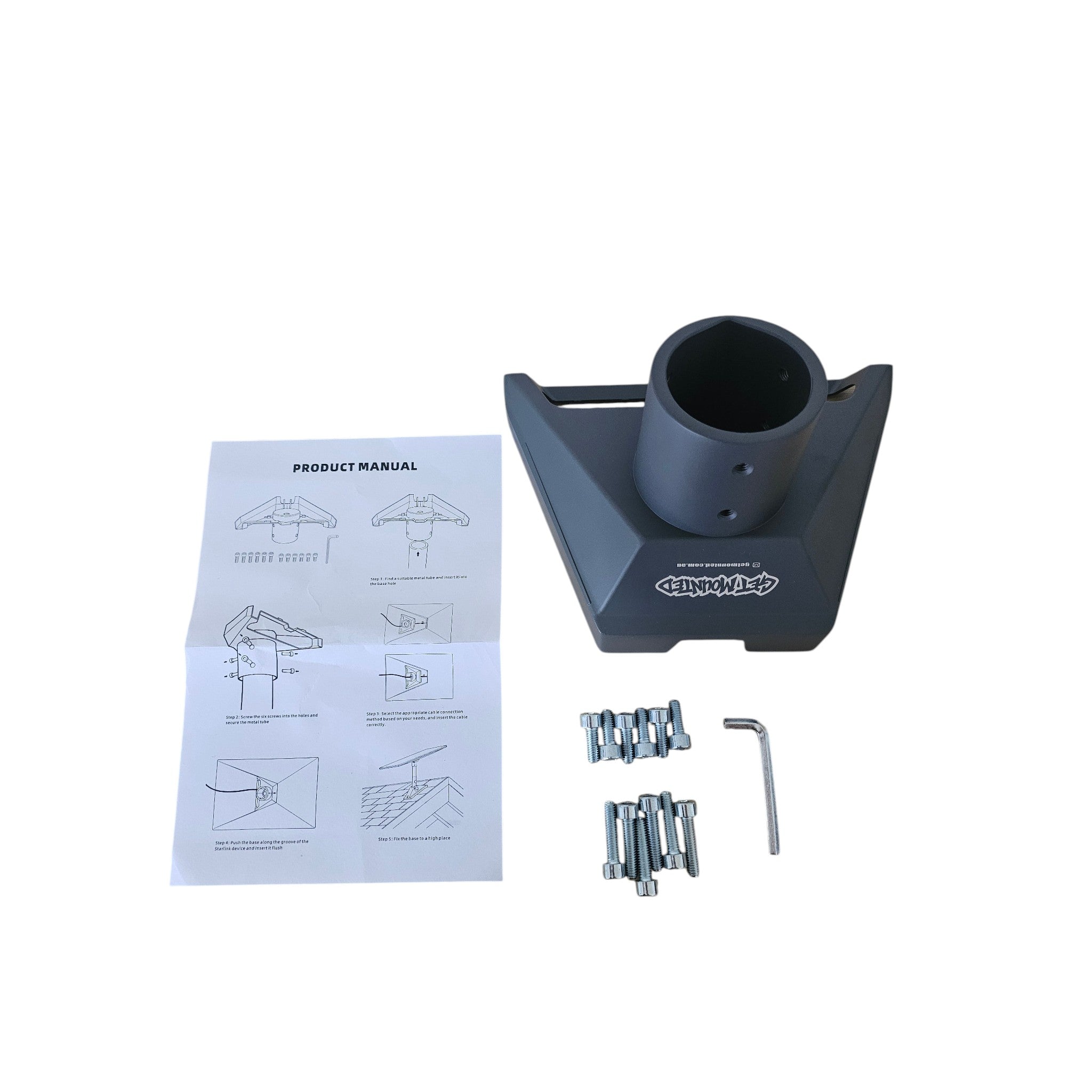 Adaptor shown ontop of Get Mounted packaging. Showing the robust mounts with all components and instructions. Robust and Aluminium and rust proof.