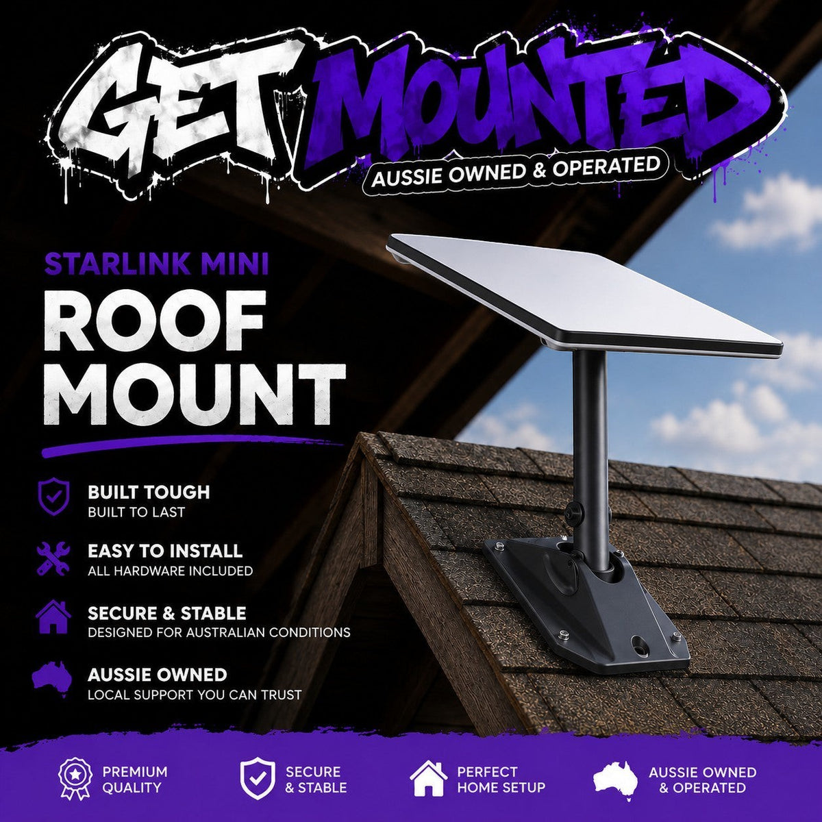 Starlink Mini Roof Mount is a clean, low-profile mounting solution built to keep your Starlink secure, stable, and ready for action — whether you're off-grid, touring Australia. On the side of the roof, shed, wall mount. Robust, aluminium rust free.
