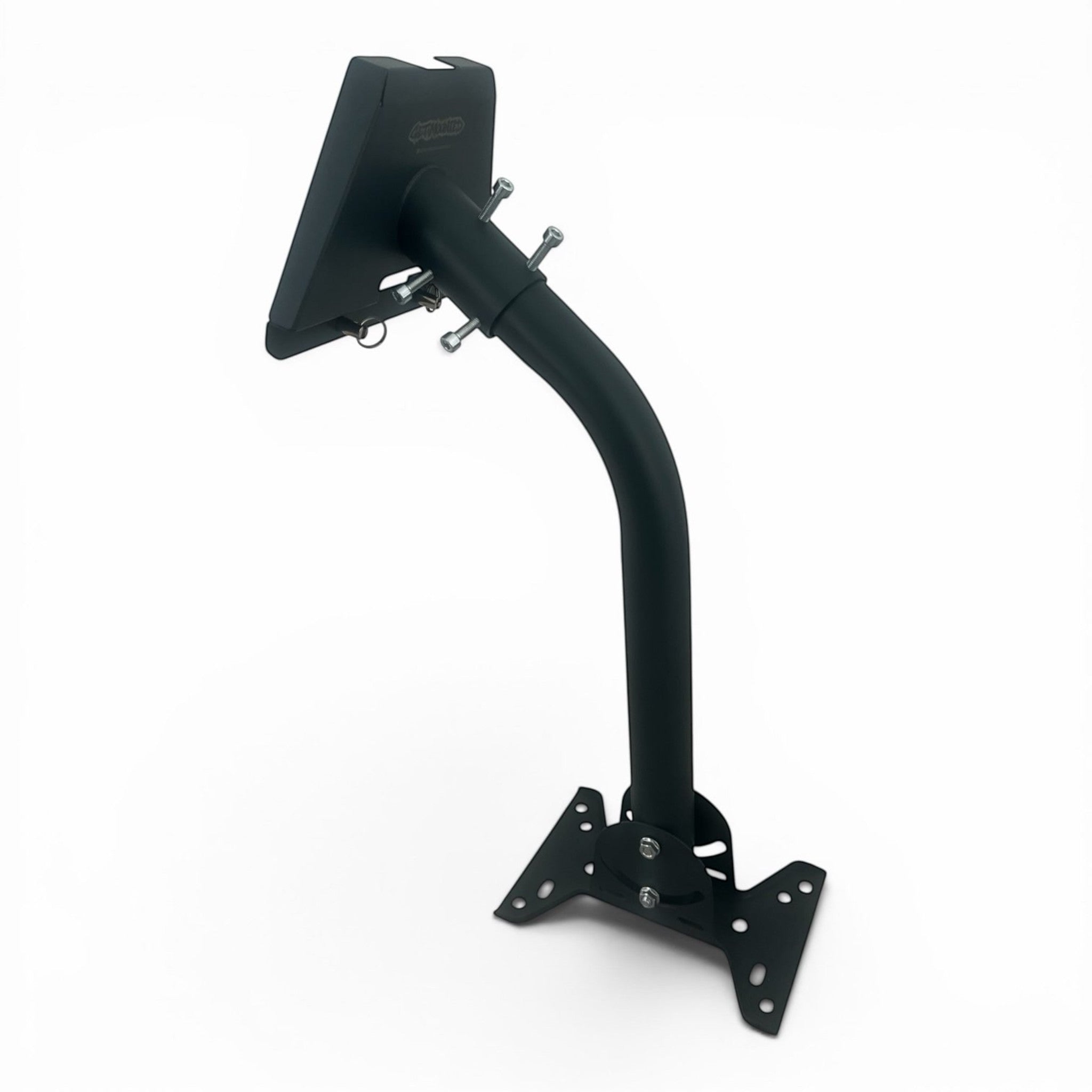 Get Mounted heavy-duty black metal wall mount bracket for Starlink Gen 3 satellite dish on a white background