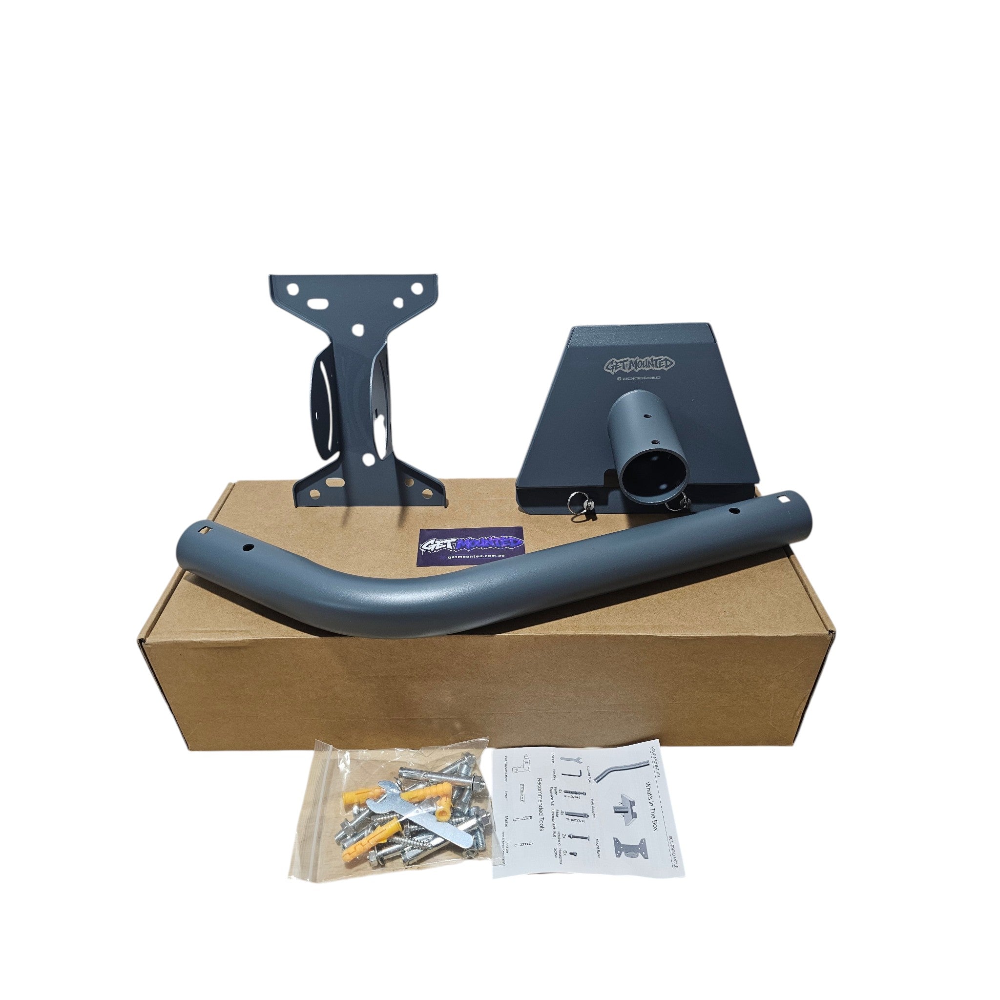 Get Mounted heavy-duty black metal wall mount bracket for Starlink Gen 3 satellite dish on a white background