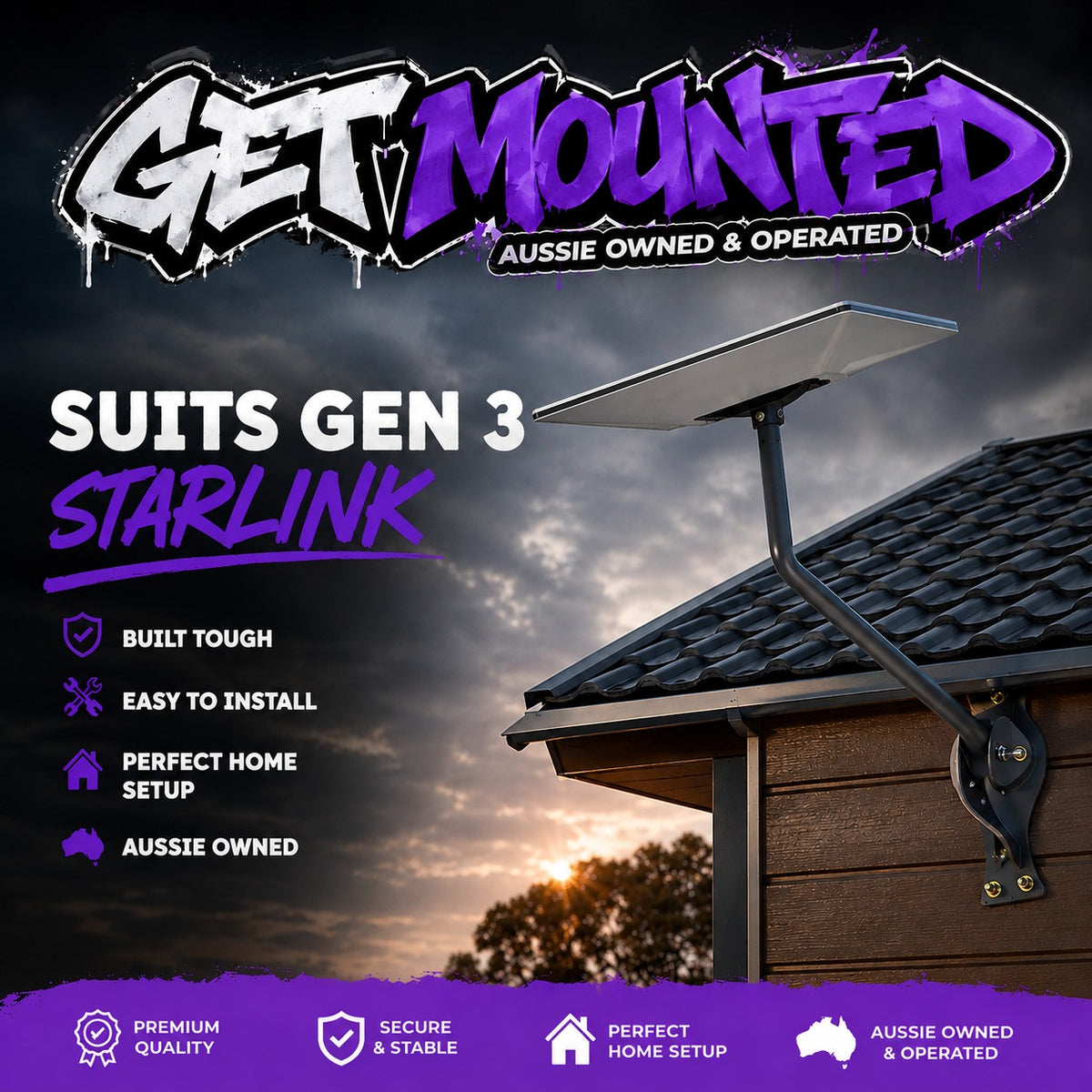 A heavy-duty, weather-resistant wall mount designed specifically for the Starlink Gen 3 (V4) dish. Built tough for Australian conditions — whether you're on a suburban rooftop, a rural property, or a remote off-grid setup.