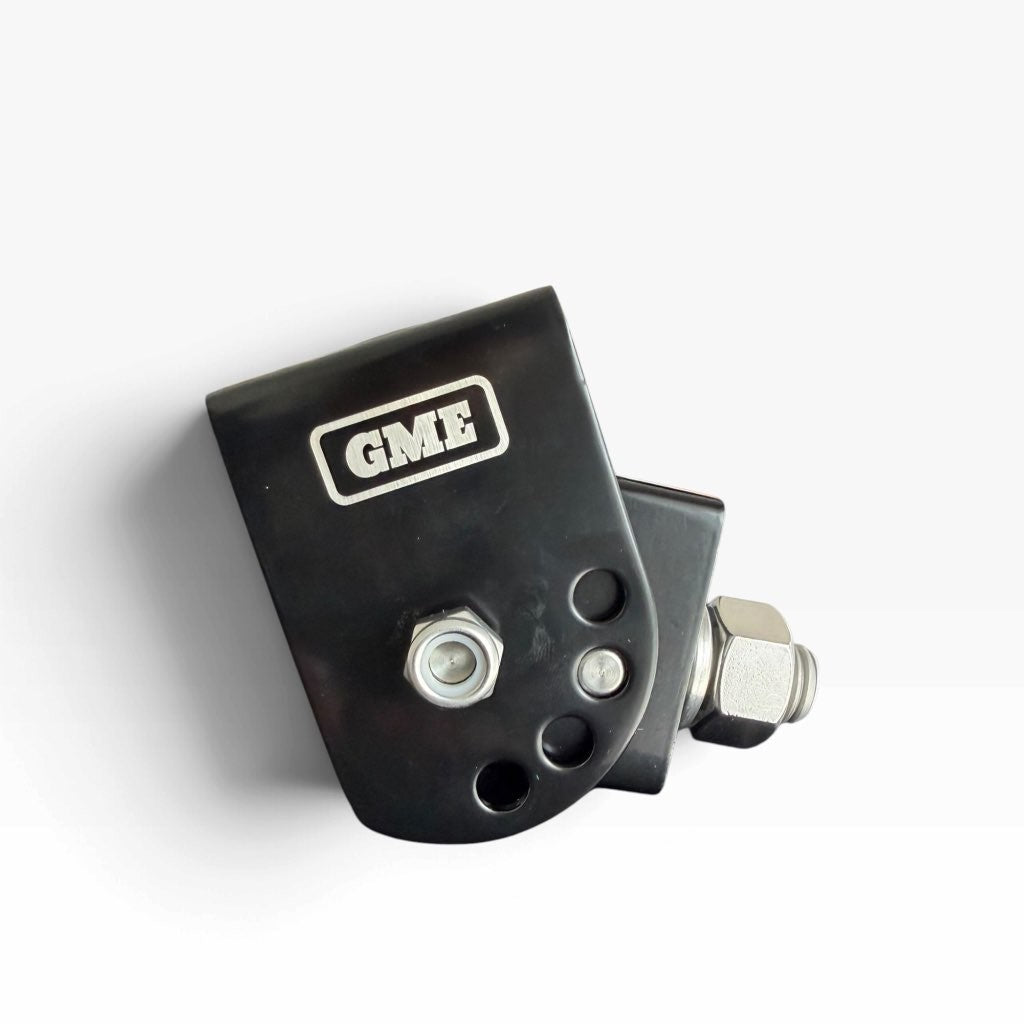 Get Mounted black heavy-duty steel foldable UHF aerial bracket with GME branding for 4WD and touring setups