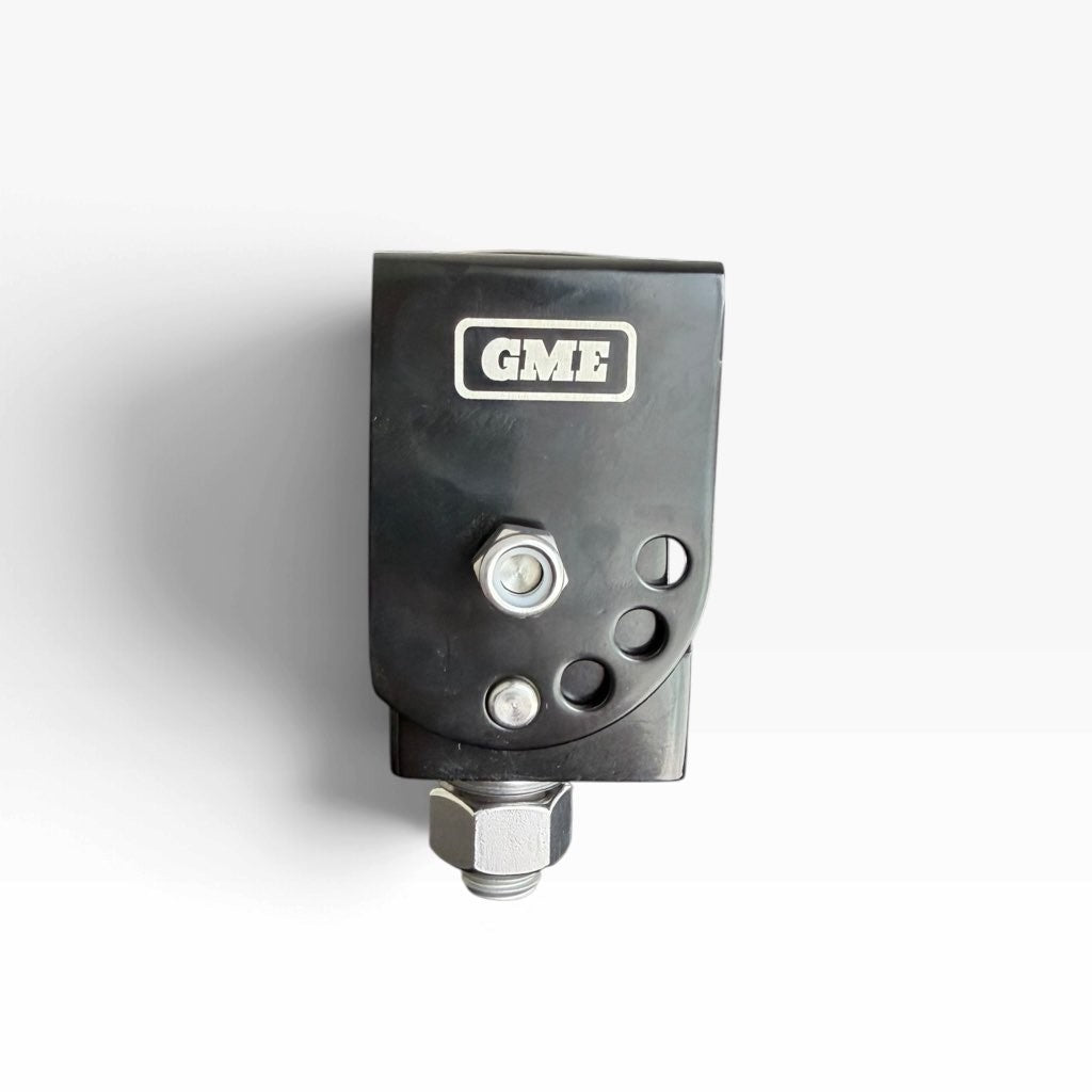 Get Mounted black foldable UHF aerial bracket with GME branding, made from heavy-duty corrosion-resistant steel.