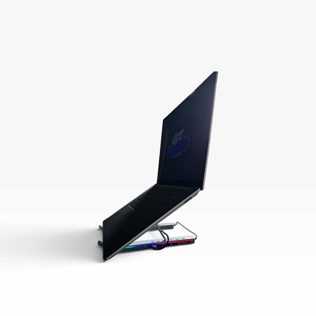 Get Mounted RGB laptop stand in black with side profile view, showing ergonomic angle and ambient lighting.