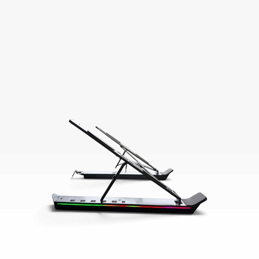 Get Mounted RGB laptop stand in black with adjustable height, side view showing glowing ambient lighting