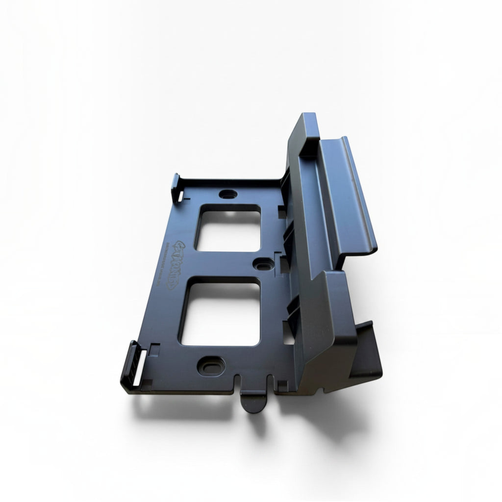Get Mounted black plastic router and power supply holder for Starlink Gen 3 with integrated cable management channels.