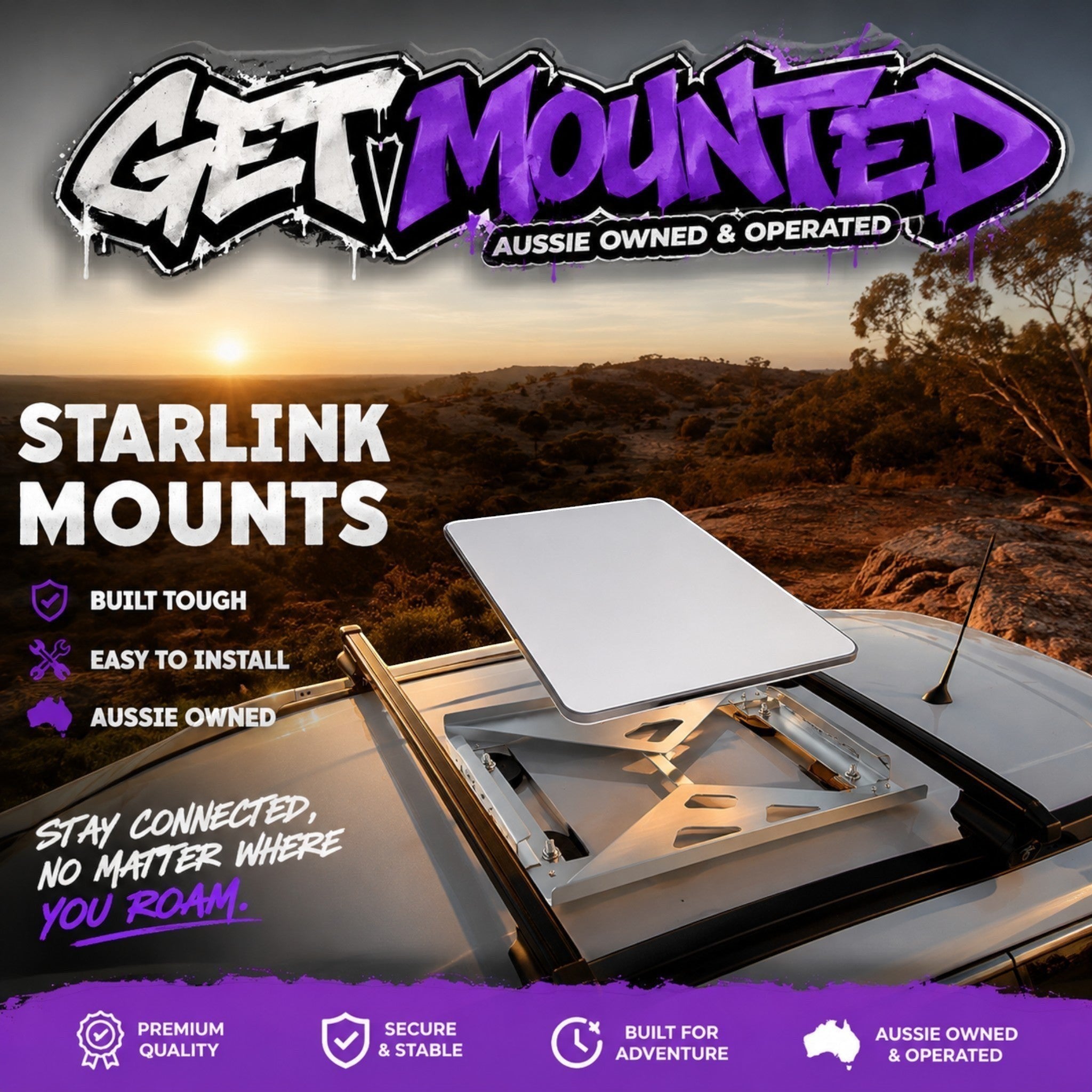 Get Mounted magnetic mount securing a Starlink Mini to a vehicle roof rack at sunset for off-grid internet access